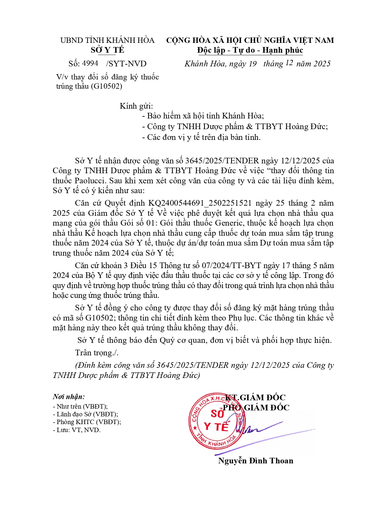 V/v thay đổi số đăng ký thuốc trúng thầu (G10502)